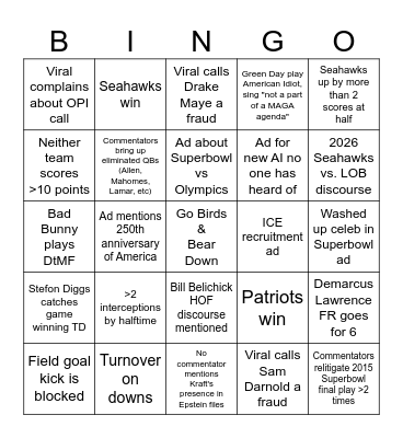 Superb Owl 2026 Bingo Card