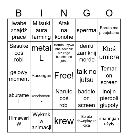 Boruto Bingo Card