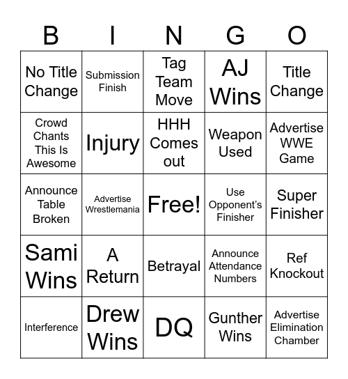 WWE Royal Rumble Bingo Card