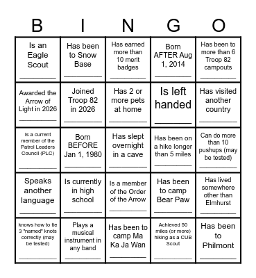 Troop 82 Bingo - 2026 Bingo Card