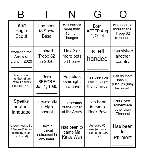 Troop 82 Bingo - 2026 Bingo Card