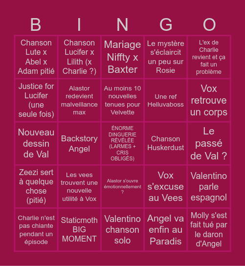 Hazbin Hotel Saison 3 Bingo Card