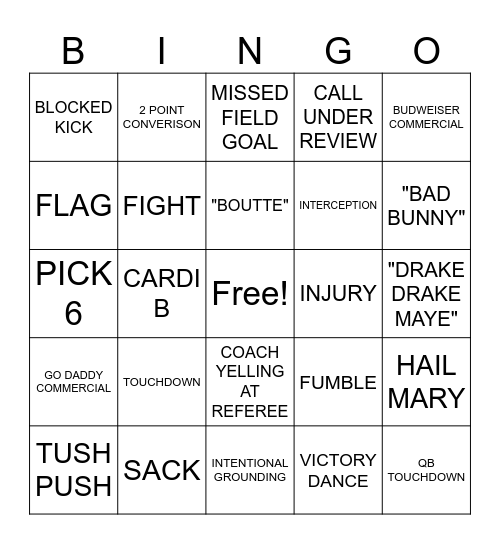 SUPER BOWL 2026 Bingo Card
