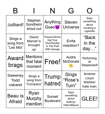 Patti LuPone Bingo Baby Bingo Card