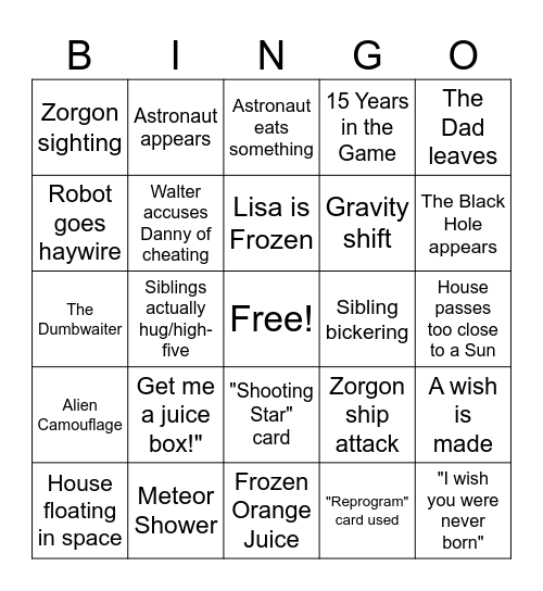 Zathura Bingo Card