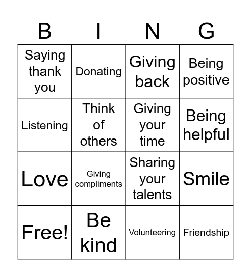 Community Kindness Bingo Card
