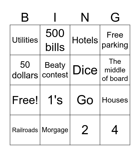 Monopoly bingo Card