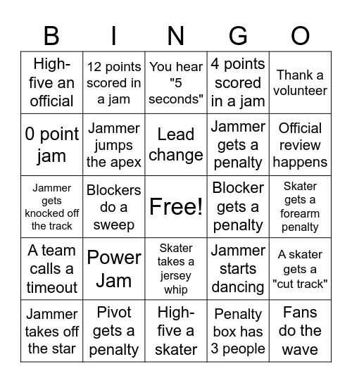 Roller Derby Bingo Card