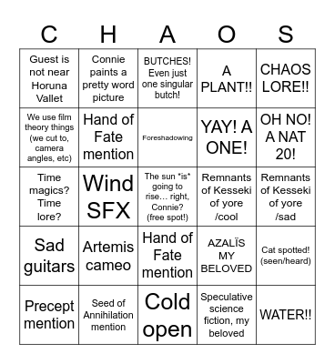 Transplanar CHAOS A4 Special: Sunrise Bingo Card