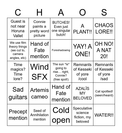 Transplanar CHAOS A4 Special: Sunrise Bingo Card