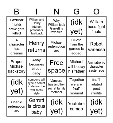 Fnaf3 Movie Bingo Card