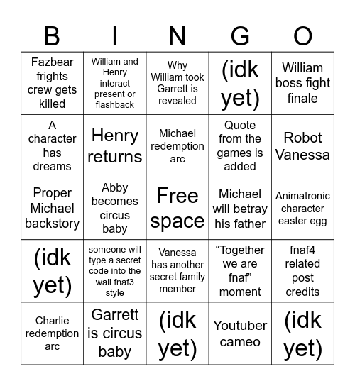 Fnaf3 Movie Bingo Card