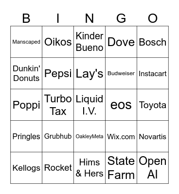 Super Bowl Commercial Bingo Card