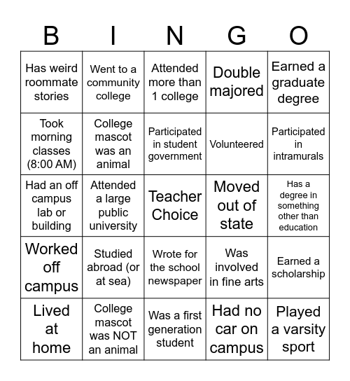 College Week Bingo Card