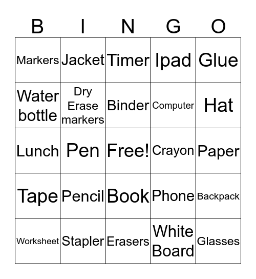 Materials Bingo Card