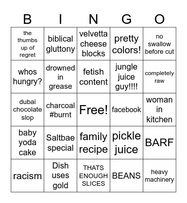 Stupid Food Bingo Card