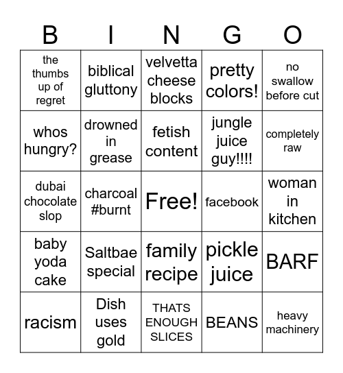 Stupid Food Bingo Card