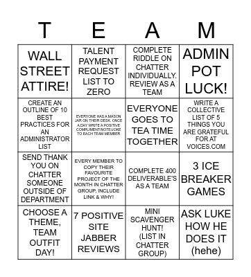 January Team BINGO Card