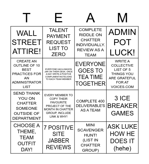 January Team BINGO Card