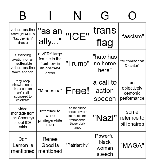Woke Grammys 2026 Bingo Card