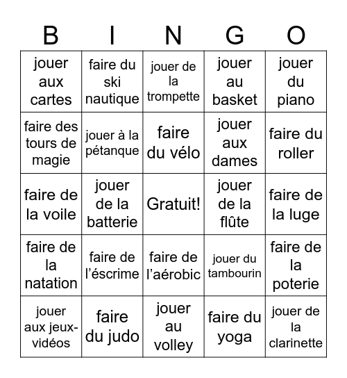 Faire et Jouer Bingo Card