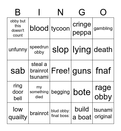 roblox moments bingo Card