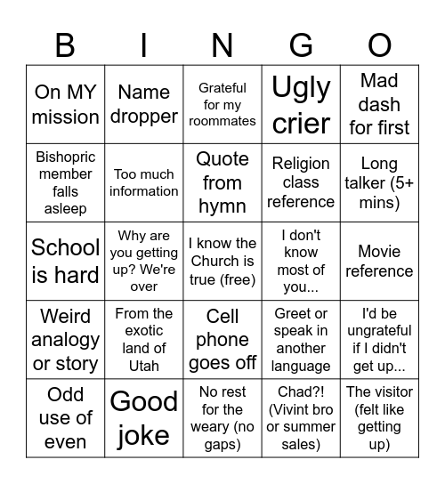 BYU YSA testimony bingo Card
