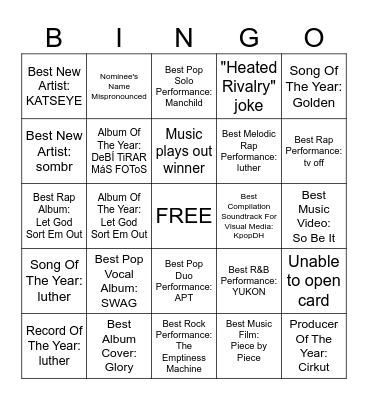 Grammy 2026 Bingo Card