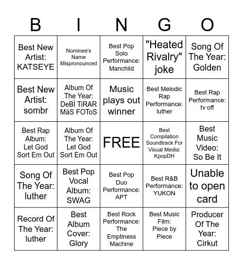 Grammy 2026 Bingo Card