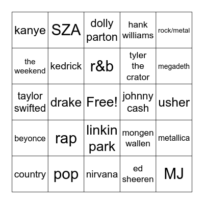 youtube music Bingo Card