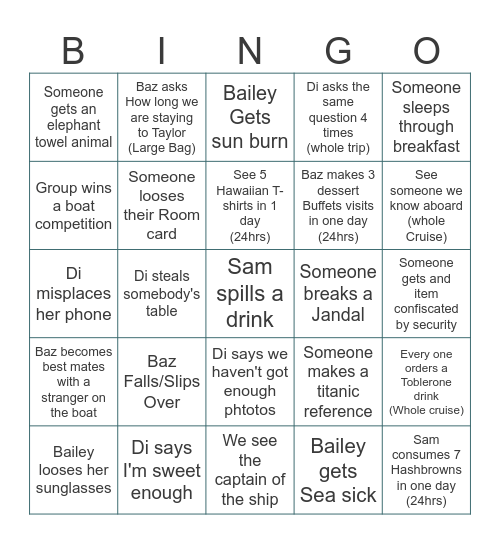 Cruise Weekend Bingo Card