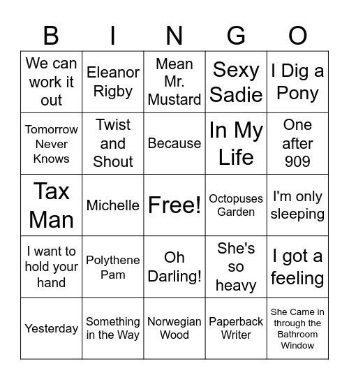 Beatles Bingo Card