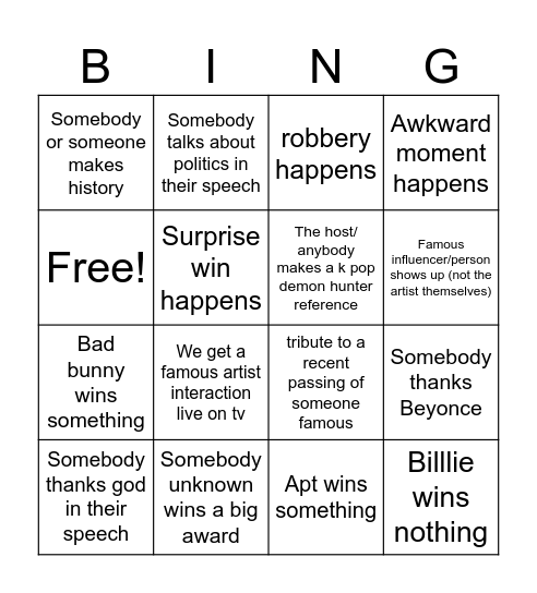 Grammys 2026 Bingo Card
