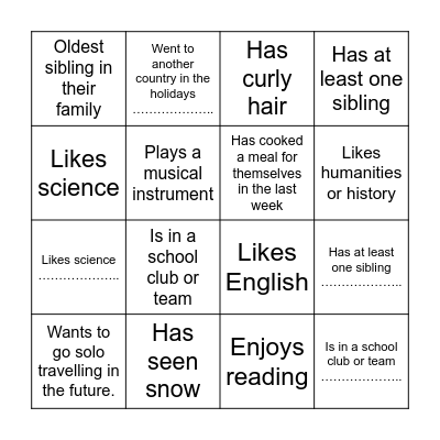 Classmate Bingo Card