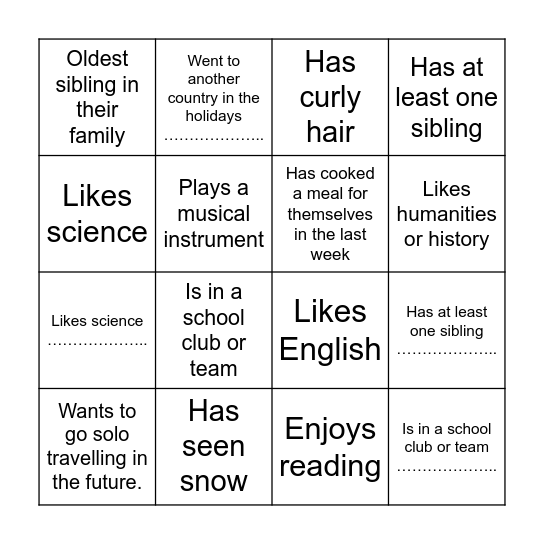 Classmate Bingo Card