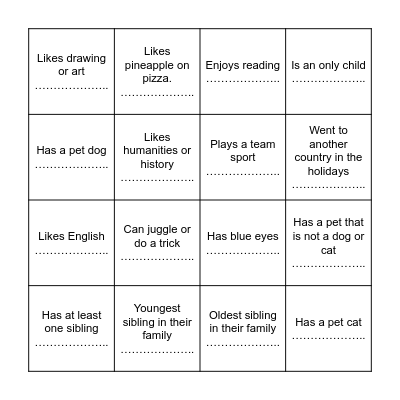 Classmate Bingo Card