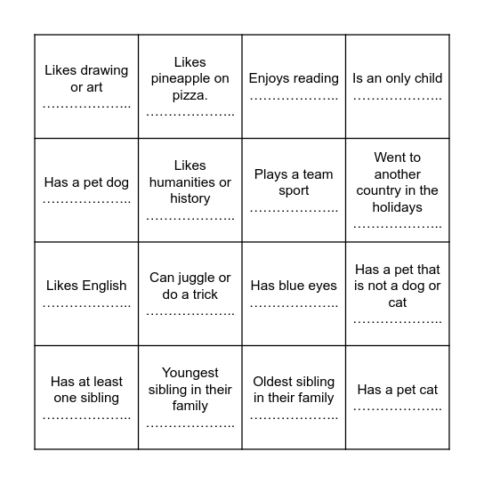 Classmate Bingo Card