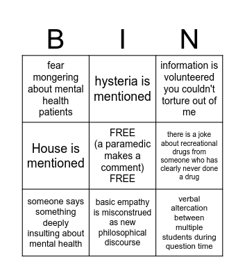 Psychiatry Week Bingo Card