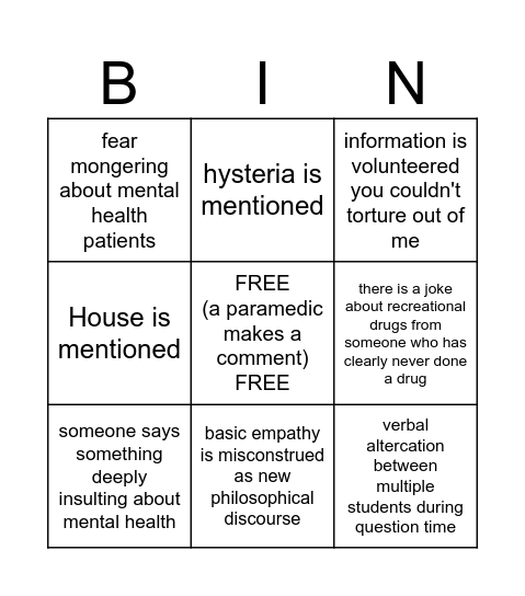 Psychiatry Week Bingo Card