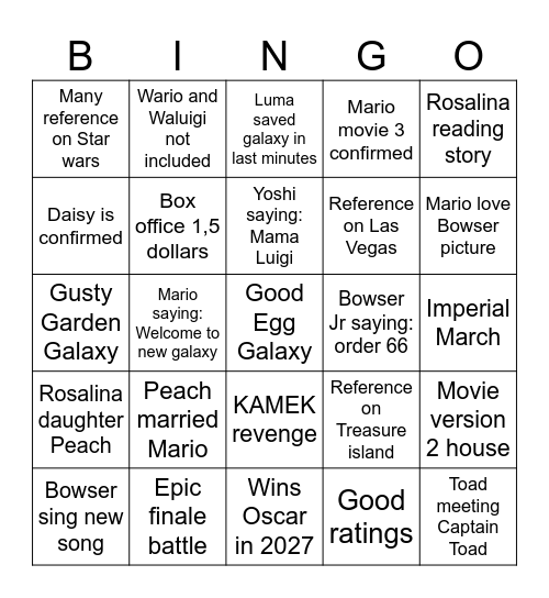 Super Mario Galaxy movie Bingo Card
