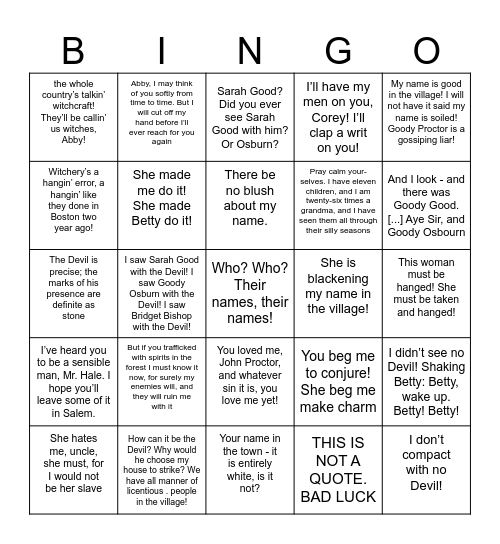 The Crucible Quotes -  Act 1 Bingo Card