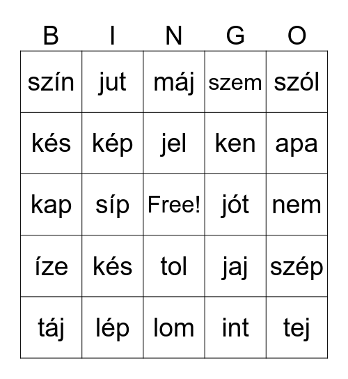 3 betűs É-ig Bingo Card