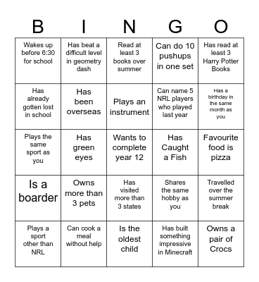 Get to know me Bingo Card