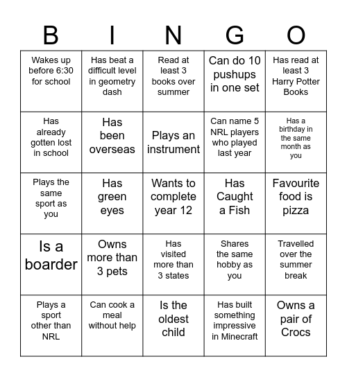 Get to know me Bingo Card