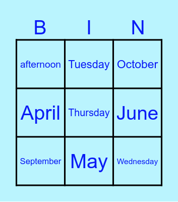 Jours et Mois (anglais) Bingo Card