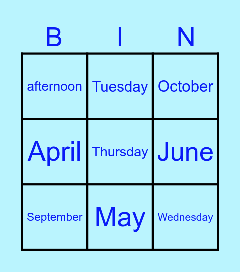 Jours et Mois (anglais) Bingo Card