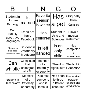 Instructions: Find a different graduate student for each block and have them sign their name to the appropriate block Bingo Card