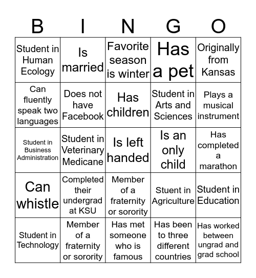 Instructions: Find a different graduate student for each block and have them sign their name to the appropriate block Bingo Card