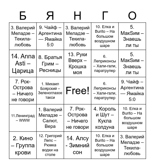 Бинго без названия Bingo Card