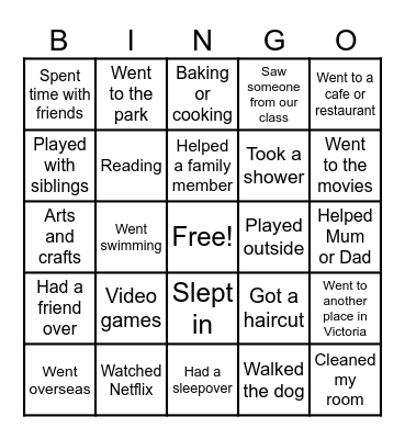 School Holiday Bingo Card